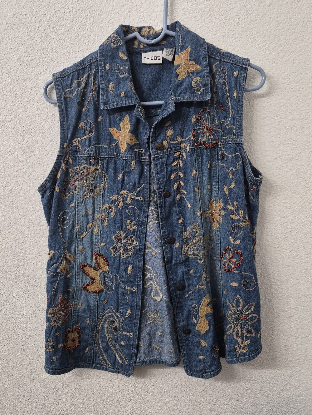 Chico's Denim Embroidered Sleeveless Button-Front Vest in Blue